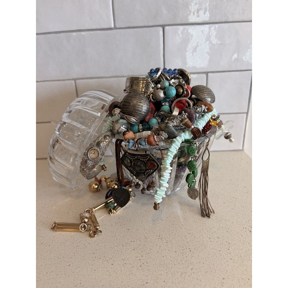 VTG Native Boho Mystery Jewelry Jar Glass Dish Turquoise Silver Gold Tone Bead